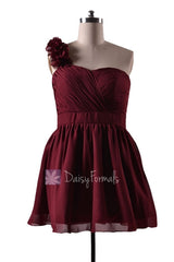 In stock,ready to ship - plus size red one shoulder mini length discount chiffon bridesmaid dress(bm223n) - (falu red)