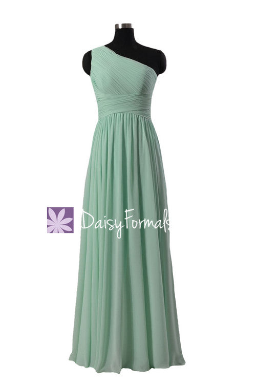 Long mint affordable bridesmaid dress one shoulder mint chiffon party dress one shoulder formal dress(bm351)