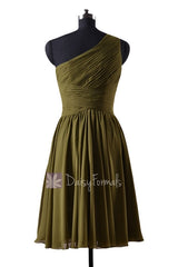 In stock,ready to ship - short one shoulder affordable olive green chiffon bridesmaid dresses(bm351) - (#28 dark olive)