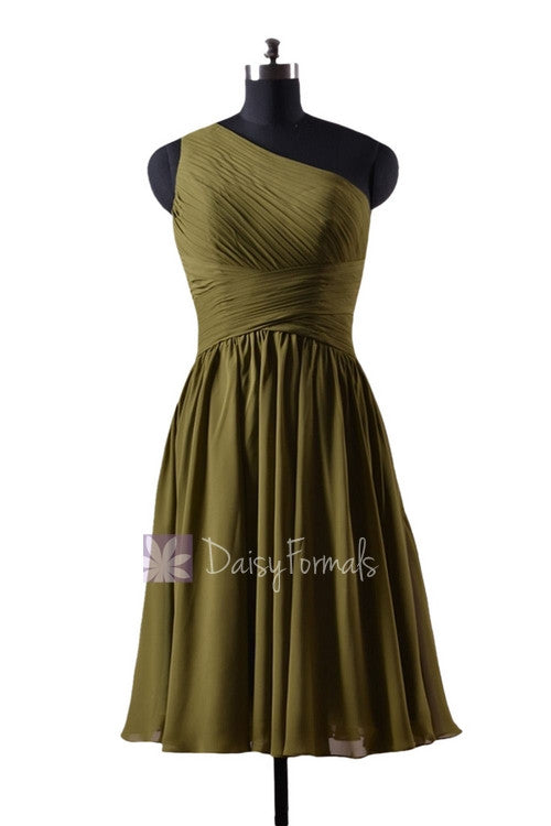 In stock,ready to ship - short one shoulder affordable chiffon bridesmaid dress (bm351) - (#28 dark olive)