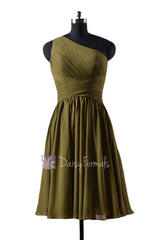 In stock,ready to ship - short one shoulder affordable olive green chiffon bridesmaid dress(bm351) - (#28 dark olive)