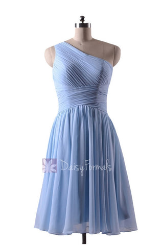Short Vintage Blue Bridesmaid Dress Light Blue One Shoulder Chiffon Party Dress (BM351)