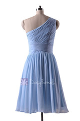 Short vintage blue affordable bridesmaid dress light blue one shoulder chiffon party dresses (bm351)