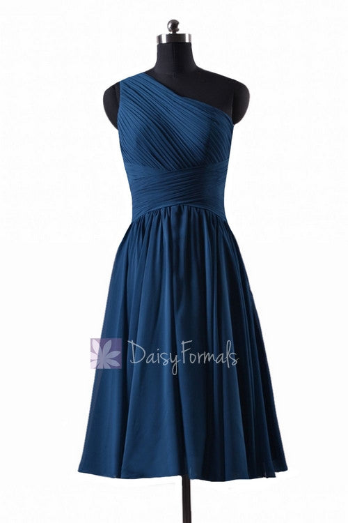 In stock,ready to ship - short one shoulder affordable peacock blue chiffon bridesmaid dress(bm351) - (#41 peacock blue, sz2)