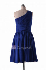 In stock,ready to ship - short one shoulder blue chiffon bridesmaid dresses(bm351) - (#36 sapphire)