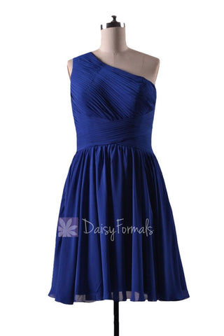 In stock,Ready to Ship - Short One Shoulder Blue Chiffon Bridesmaid Dress(BM351) - (#36 Sapphire)