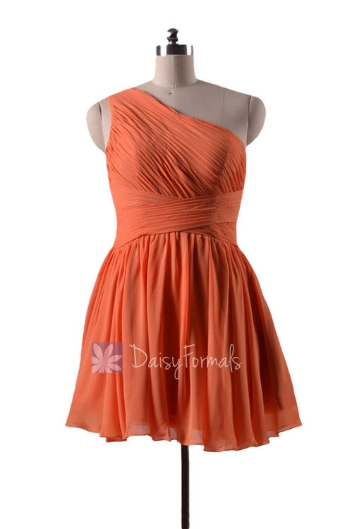 In stock,ready to ship - mini length one shoulder affordable chiffon bridesmaid dress (bm351n)- (#22 orange)