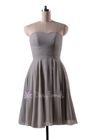 In stock,Ready to Ship - Knee Length Sweetheart Gray Chiffon Bridesmaid Dress(BM8487S) - (#55 Gray, Sz10)