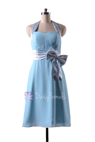 In stock,Ready to Ship - Short Halter Sky Blue Chiffon Bridesmaid Dress(BM8529) - (#39 Sky Blue, Sz4)