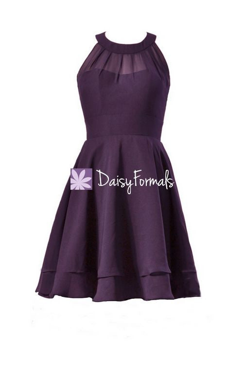 Chiffon Dress Plum Color Prom Dress Floor Length V-Neck Pleated