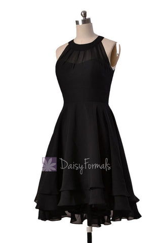 Illusion neckline High Low Bridesmaid Dress Black Chiffon Formal Dress W/Illusion Neckline(CST2225)