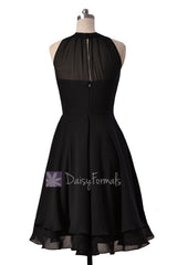 Illusion neckline High Low Bridesmaid Dress Black Chiffon Formal Dress W/Illusion Neckline(CST2225)