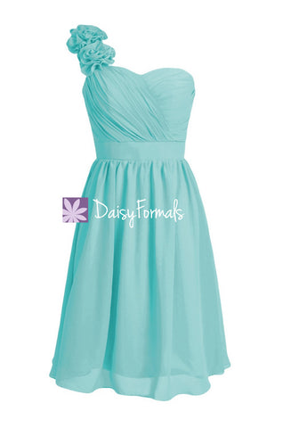 Floral One Shoulder Bridesmaid Dress Short Knee Length Aqua Party Dress (BM102)