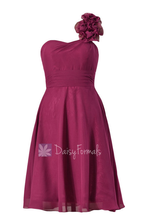Purple wedding party dress short one shoulder chiffon dress w/fabric flowers(bm10358)