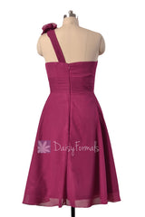 Purple wedding party dress short one shoulder chiffon dresses w/fabric flowers(bm10358)
