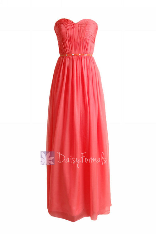 Charming long sweetheart chiffon bridesmaid dress special coral beaded elegant evening dress(bm1037)