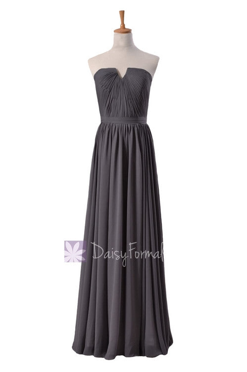 Slate gray chiffon unique bridesmaid dress floor length formal evening dress w/inserted v-neck(bm10823l)