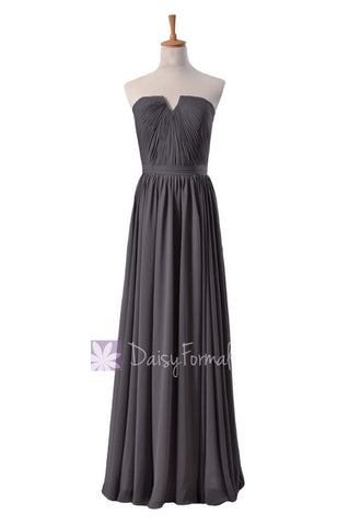 Slate Gray Chiffon Bridesmaid Dress Floor Length Evening Dress W/Inserted V-Neck(BM10823L)