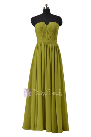 Long Bright Olive Chiffon Bridal Party Dress Strapless Formal Dress W/Inserted V-Neck(BM10823L)