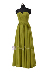 Long bright olive chiffon bridal party dress strapless formal dresses w/inserted v-neck(bm10823l)