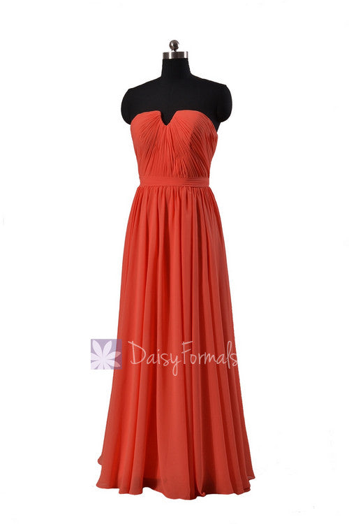 Full length chiffon bridesmaid dress pink orange wedding party dress w/inserted v-neck(bm10823l)