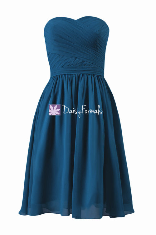 Short peacock blue simple chiffon bridesmaids dress graduation dress party dress (bm10824s)