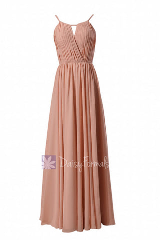 Gracious Peach Chiffon Evening Dress Long Scoop Neckline Bridesmaid Dress (BM10826L)