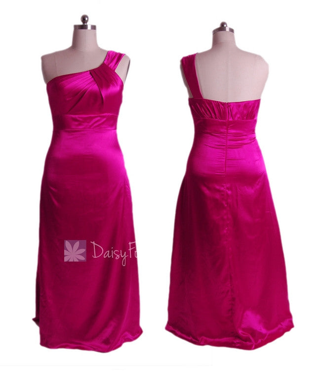 Elegant plus size one shoulder charmeuse bridesmaid dress in custom hot pink(bm11166)