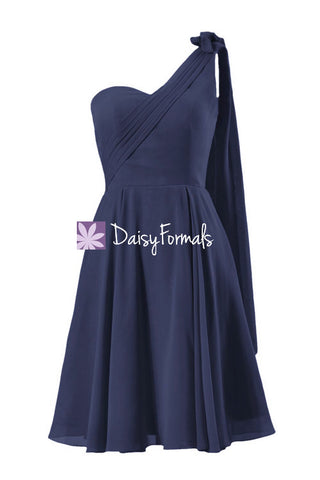 Grecian One Shoulder Dress Knee Length Beach Wedding Party Gown Navy Party Dress(BM1202)