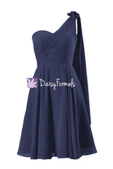 Grecian one shoulder dress knee length beach wedding formal party gown navy party dress(bm1202)