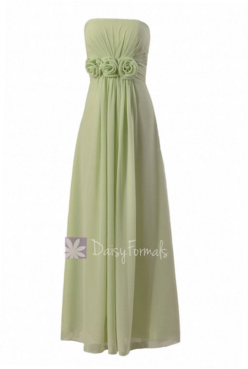 Floor length unique chiffon bridesmaid dress tea green long formal dress w/flowers(bm122b)