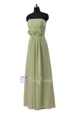 Floor length unique chiffon bridesmaid dress tea green long formal dresses w/flowers(bm122b)