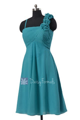 In stock,ready to ship - short chiffon unique bridesmaid dresses w/floral strap(bm2454s) - (#44 cyan)