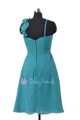 In stock,Ready to Ship - Short Chiffon Bridesmaid Dress W/Floral Strap(BM2454S) - (#44 Cyan)