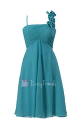 In stock,ready to ship - short chiffon unique bridesmaid dress w/floral strap(bm2454s) - (#44 cyan)