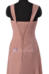 Chic Long Dusty Rose Asymmetric Chiffon Bridesmaid Dress Formal Dress Party Dress (BM124)