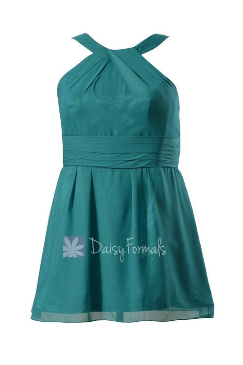 Plus size unique chiffon bridesmaid dress knee length pine green bridal party dress(bm131230)