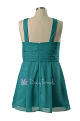 Plus size unique chiffon bridesmaid dress knee length pine green bridal party dresses(bm131230)