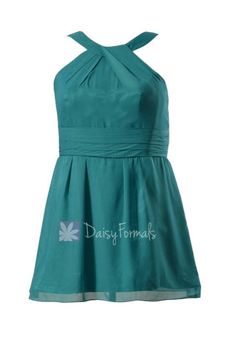 Plus Size Chiffon Bridesmaid Dress Knee Length Pine Green Bridal Party Dress(BM131230)