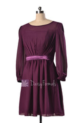 Purple chiffon bridesmaid dress online short byzantium formal dresses w/long sleeves(bm133)