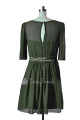 Deep Brunswich Green Bridesmaid Dress Short Hunter Green Party Dress W/3/4 Length Sleeves (BM133A)