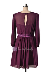 Purple Chiffon Bridesmaid Dress Short Byzantium Formal Dress W/Long Sleeves(BM133)