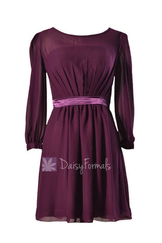 Purple Chiffon Bridesmaid Dress Short Byzantium Formal Dress W/Long Sleeves(BM133)