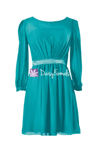 Turquoise Chiffon Bridesmaid Dress Round Neckline Cyan Formal Dress W/Long Sleeves(BM133)