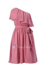 Mute pink one shoulder latest chiffon bridesmaid dress asymmetric rose party dresses (bm1362)
