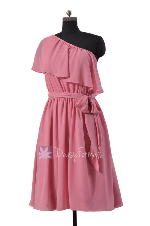 Mute pink one shoulder latest chiffon bridesmaid dress asymmetric rose party dress (bm1362)