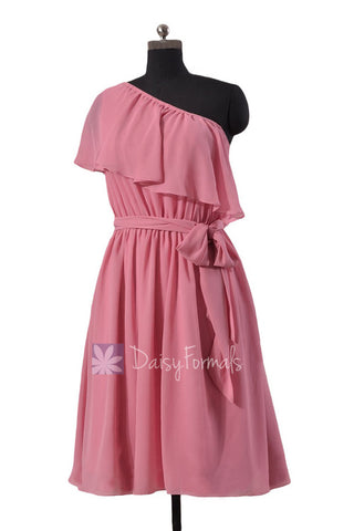 Mute Pink One Shoulder Chiffon Bridesmaid Dress Asymmetric Rose Party Dress (BM1362)