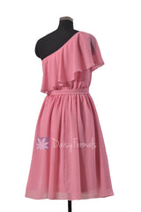 Mute Pink One Shoulder Chiffon Bridesmaid Dress Asymmetric Rose Party Dress (BM1362)