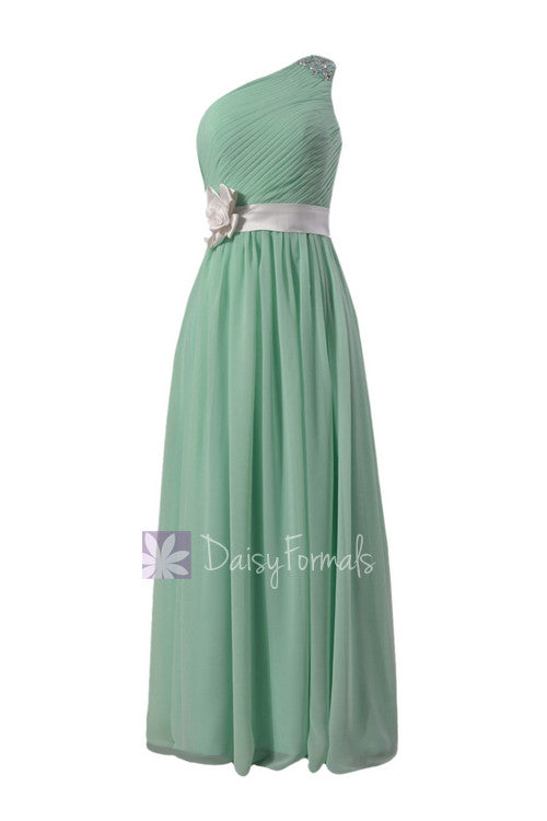One shoulder mint green formal bridesmaid dress chiffon party dress w/fabric flowers(bm140211)