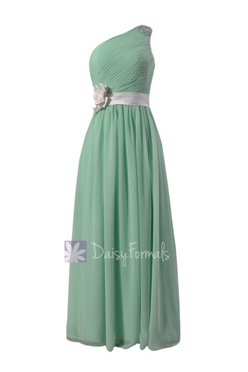 mint green maid of honor dresses One Shoulder Mint Green Formal Bridesmaid Dress Chiffon Party Dress W/Fabric Flowers(BM140211) – DaisyFormals-Bridesmaid and Formal Dresses in 59+ Colors